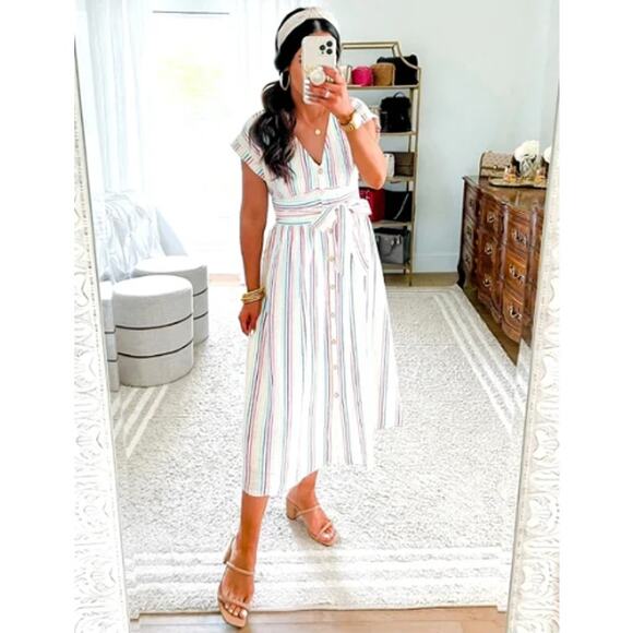 LOFT Dresses & Skirts - Ann Taylor Loft White Rainbow Stripe Dress Size 6P Button Front Midi Seersucker